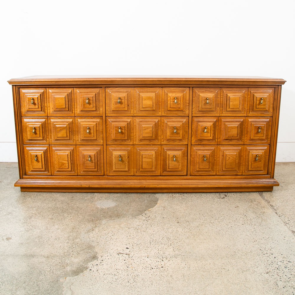 Mid Century Modern Credenza Server Buffet Stanley Oak 9 Drawers Cabinet 1970s