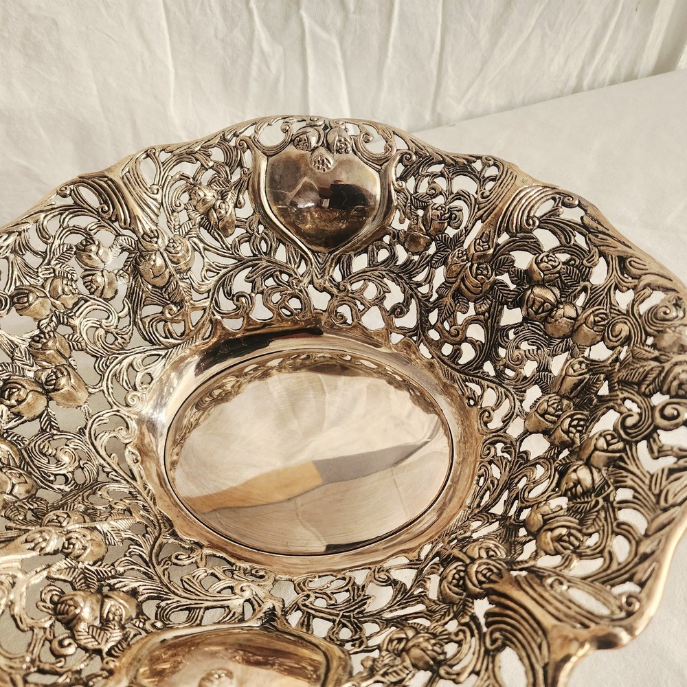 Silverplate Metal Centerpiece Bowl Intricate Pierced Openwork Design Roses