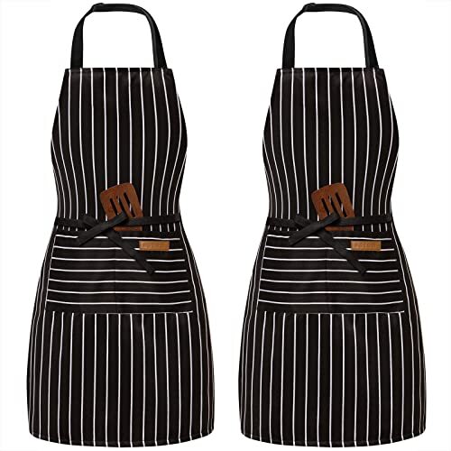 2 Pack Adjustable Bib Apron with 2 Pockets Chef Cooking Black/Black Stripes