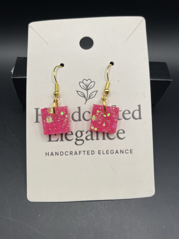 Handmade Resin Earrings. Small Square, Glitter. Assorted Colors.