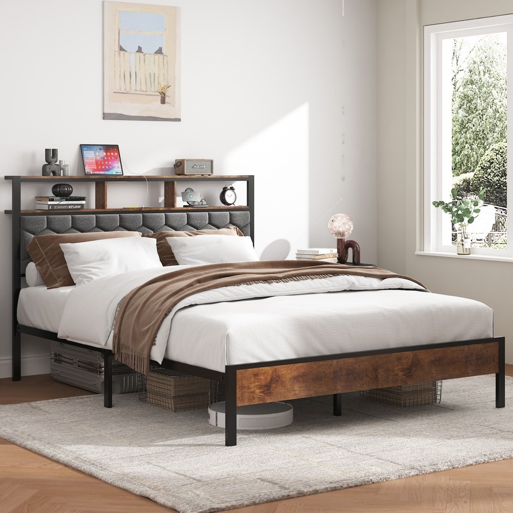 Full/Queen/King Size Bed Frame Metal Platform Bed w/ Headboard & USB Ports