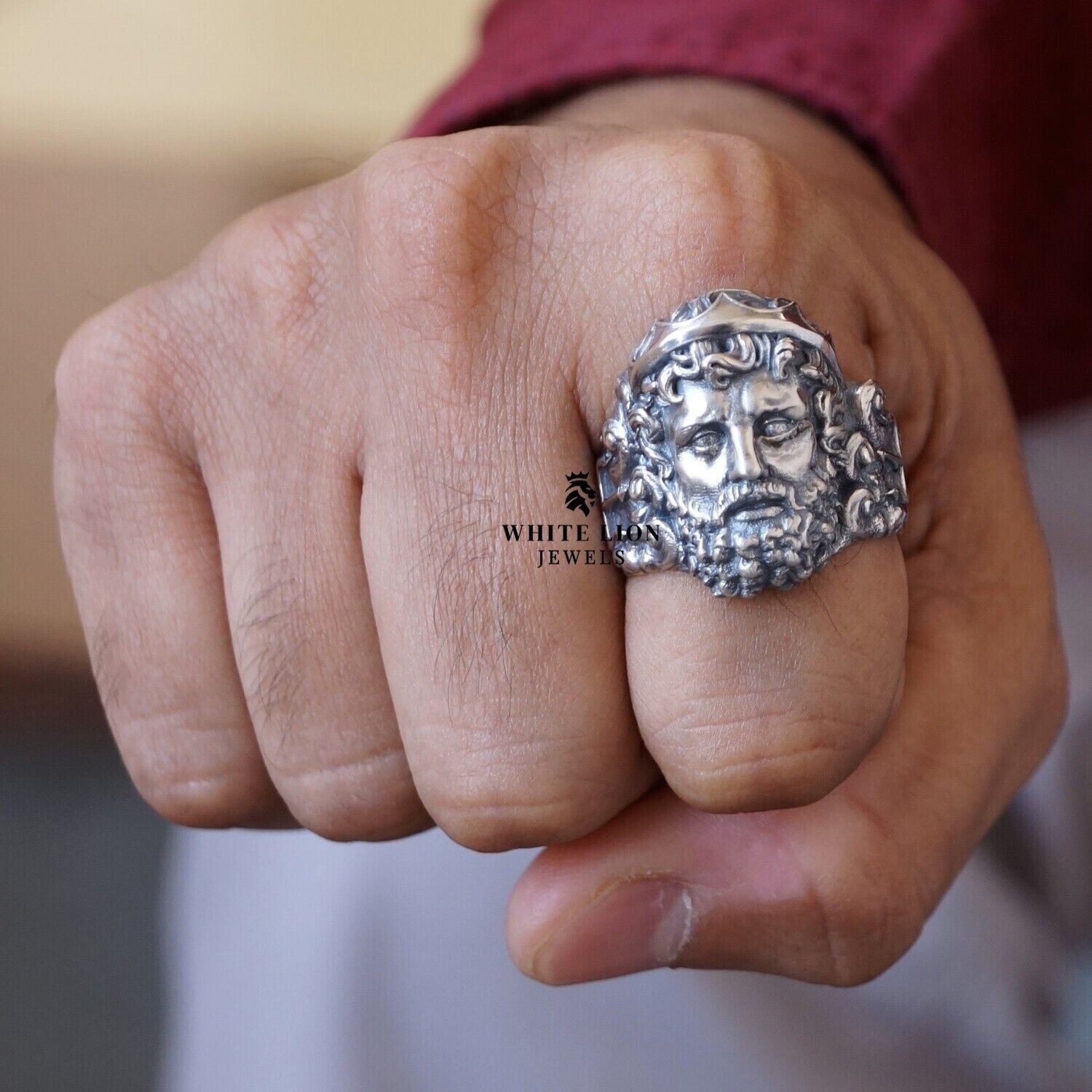 Greek God of Sea Mythology Poseidon Trident Bearded 925 Silver Men Ring