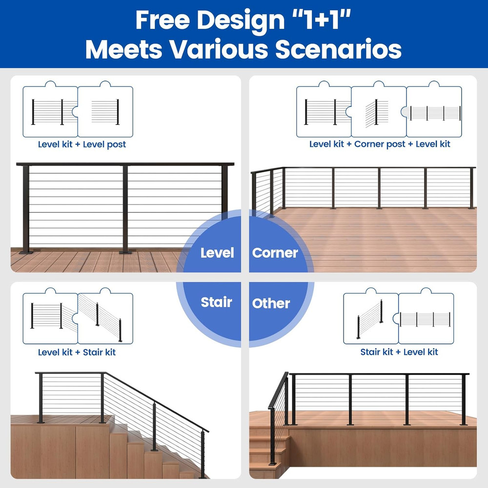Muzata 15-20FT Modular Black Cable Railing Kit 36 Inch 4 Level Post Kit Complete