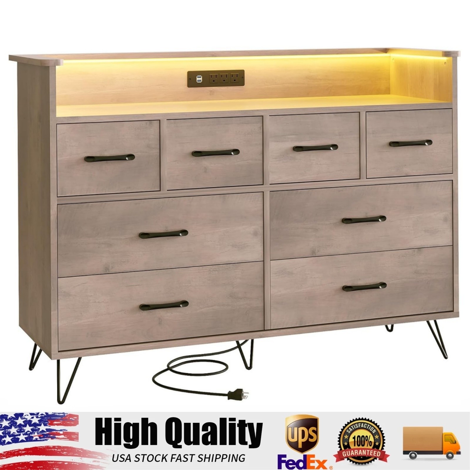 8-Drawer Dresser for Bedroom with LED Light & Power Outlet, 49.1" Wooden Dresser