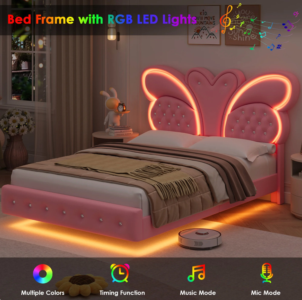 Platform Bed Frame Full Size Butterfly LED Adjustable Headboard for Kids Pink