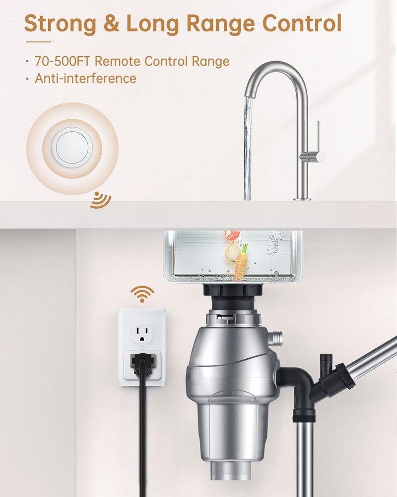 Garbage Disposal Button Kit, 15A/1500W Wireless Remote Control Outlet