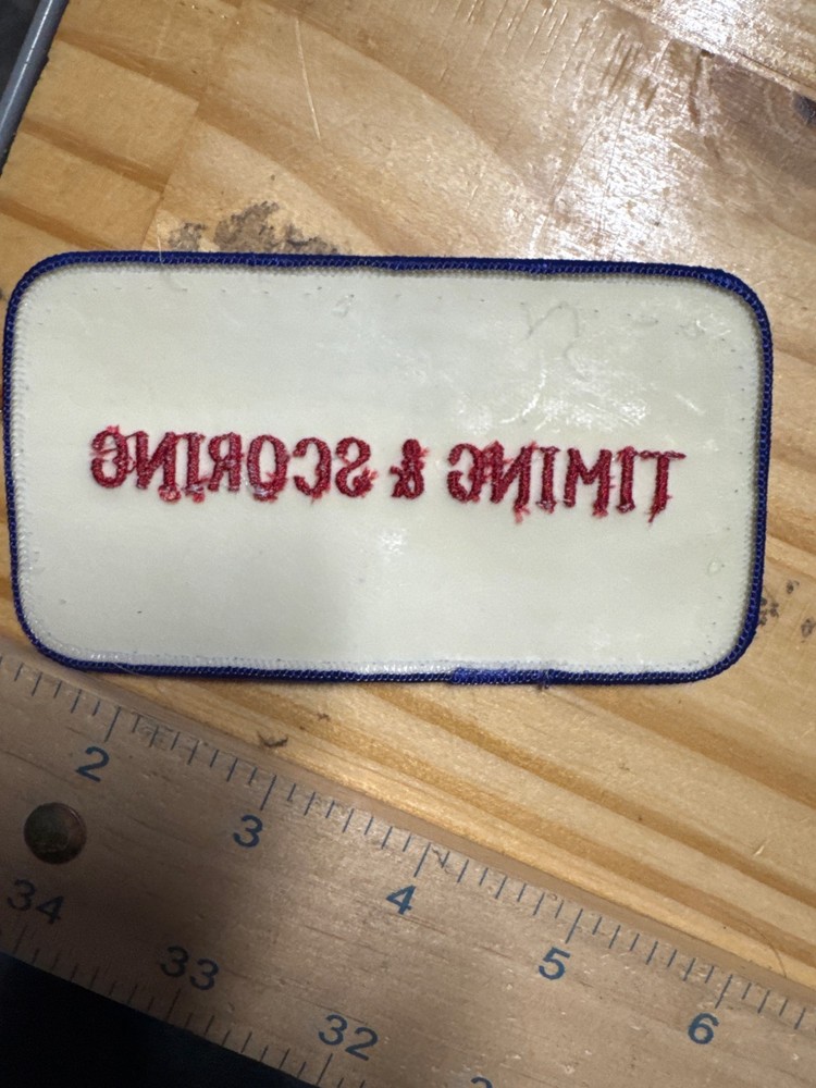 Embroidered Patch Timing & Scoring Red Text White Background Blue Border New