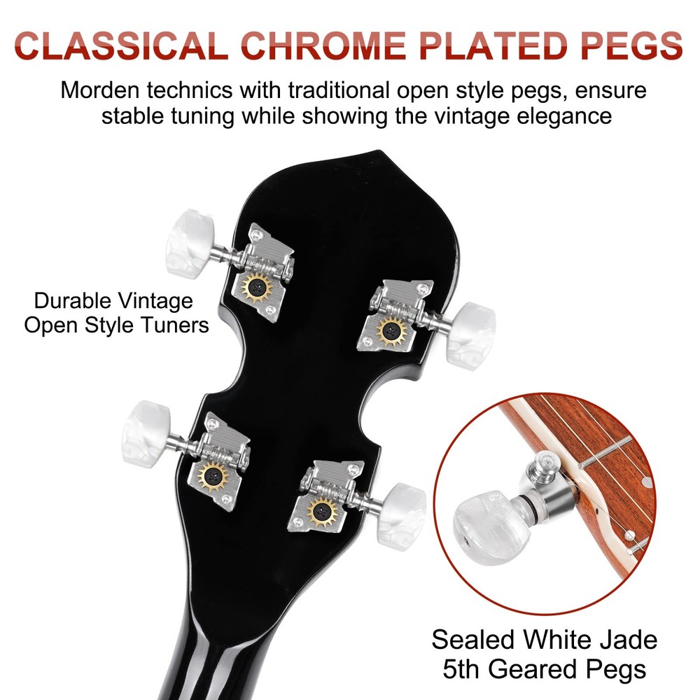 Banjo 5 String Beginner Full Size Kit, Remo Head 24 Bracket Open Back Banjo S...