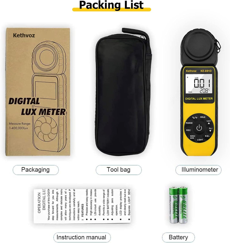 Light Meter Lux/Foot Candle , 881D Digital Illuminance Meter with Data Logging,