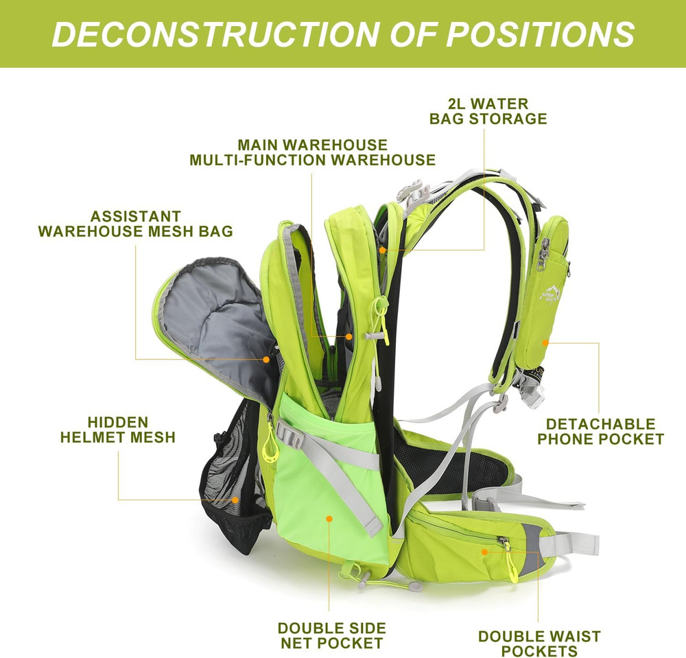 20L Waterproof Hydration Backpack with 2L Bladder and Rain Cover - Light Green