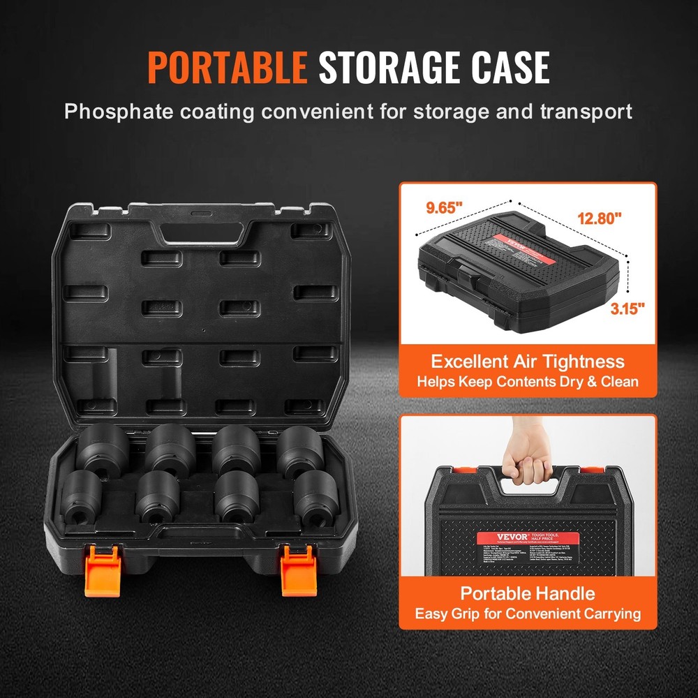 Axle Nut Impact Socket Set Drive Deep 12-Point 8PCS Metric Nut Socket