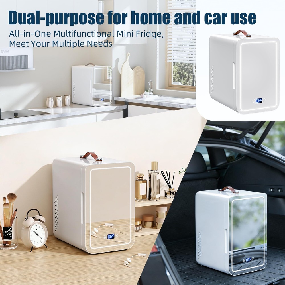 6L Mini Fridge with 3-Level Dimmable Mirror, Cooling & Warming, AC/DC Portabl...