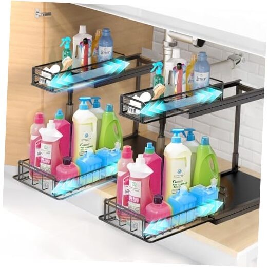 Under Kitchen Sink Pull Out Organizer, Pull Out Under Cabinet Black-2 Pack