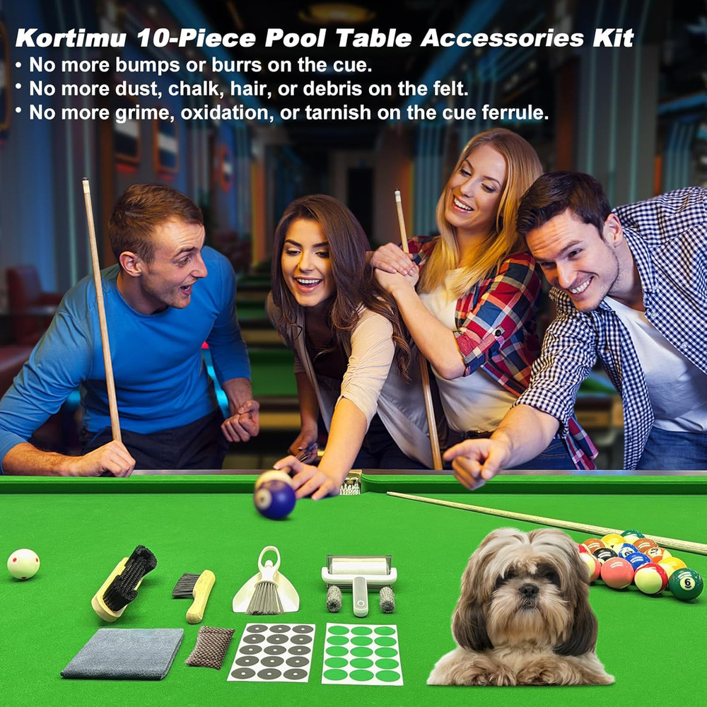 Billiard Pool Table Accessories Kit: 10 Piece Set with 2 Pool Table Brushes,2 Fe