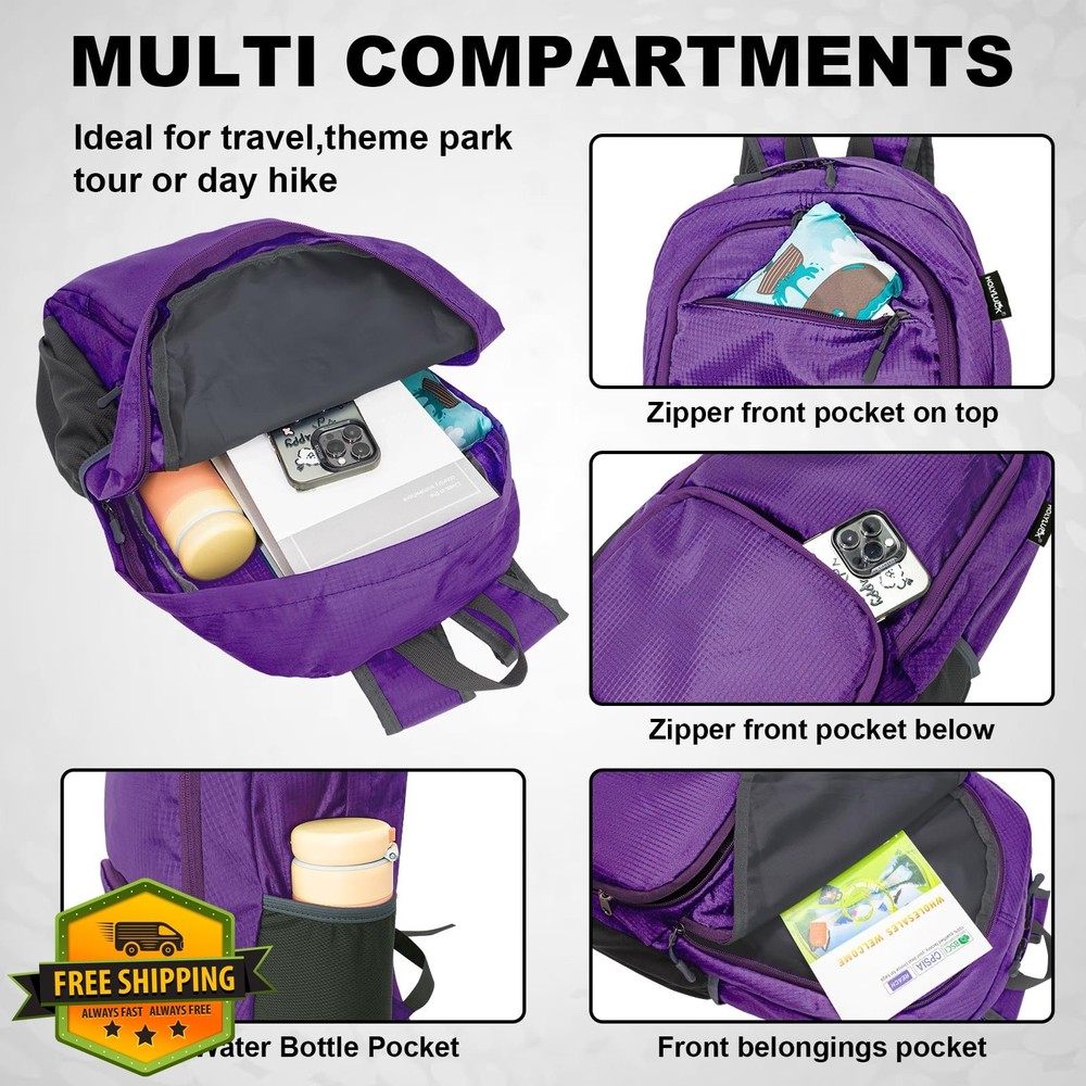 HOLYLUCK 20L Purple Lightweight Packable Hiking Daypack Backpack