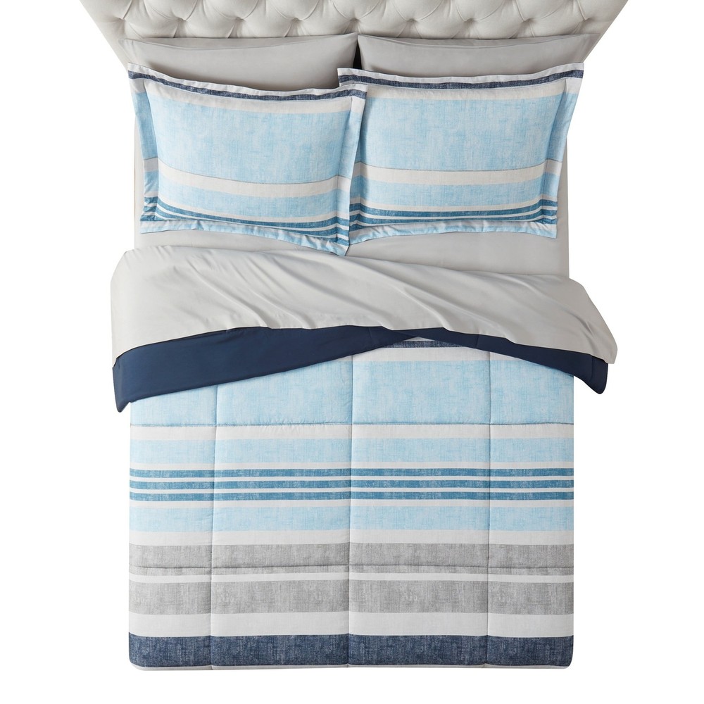 All in One Reversible Comforter & sheet set- 7 Piece Queen Blue Stripe