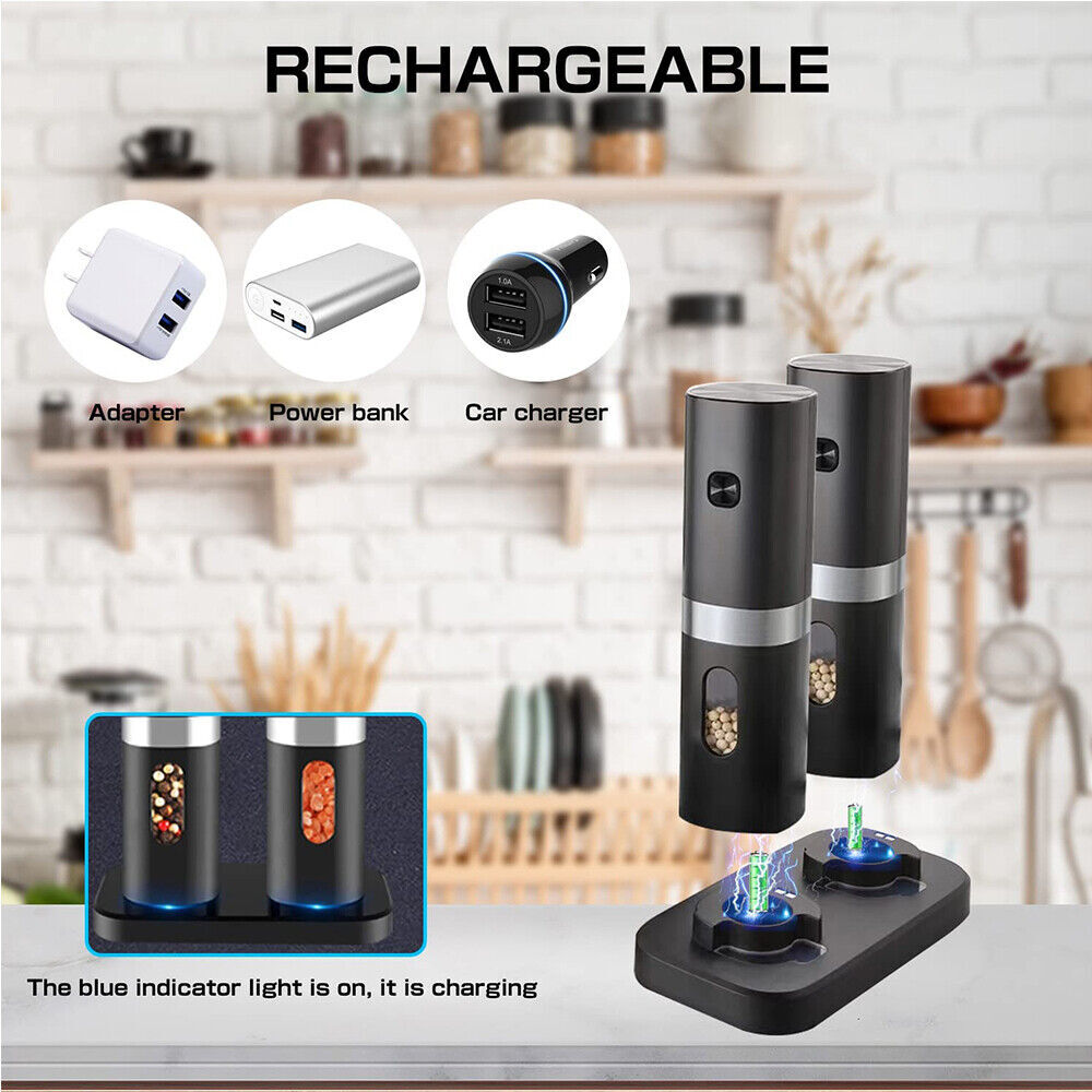 Automatic Electric Salt and Pepper Grinder Set - Rechargeable with LED Light