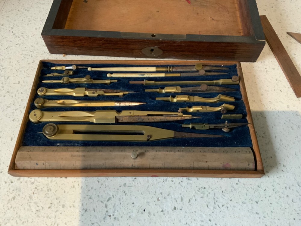 Antique Brass Geometry draftsmanship technical Drawing Instruments Set 1879 key
