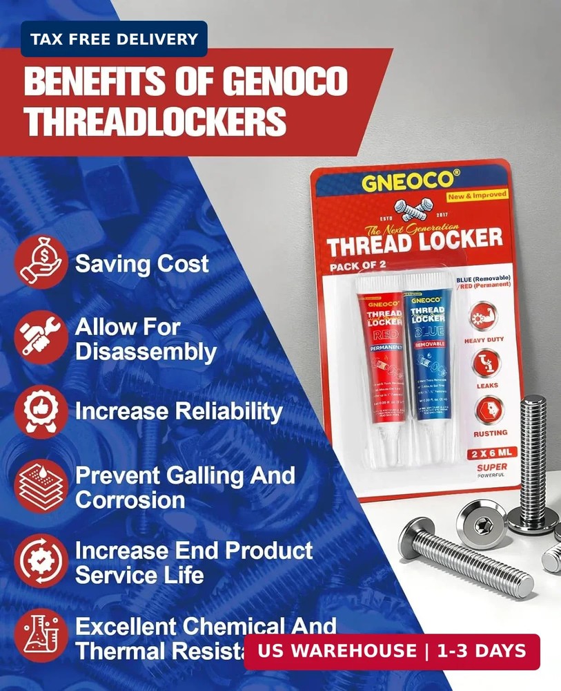 2 Pack Thread Locker Blue and Red 6mlx2 - Medium and Strong StrengthThreadlocker