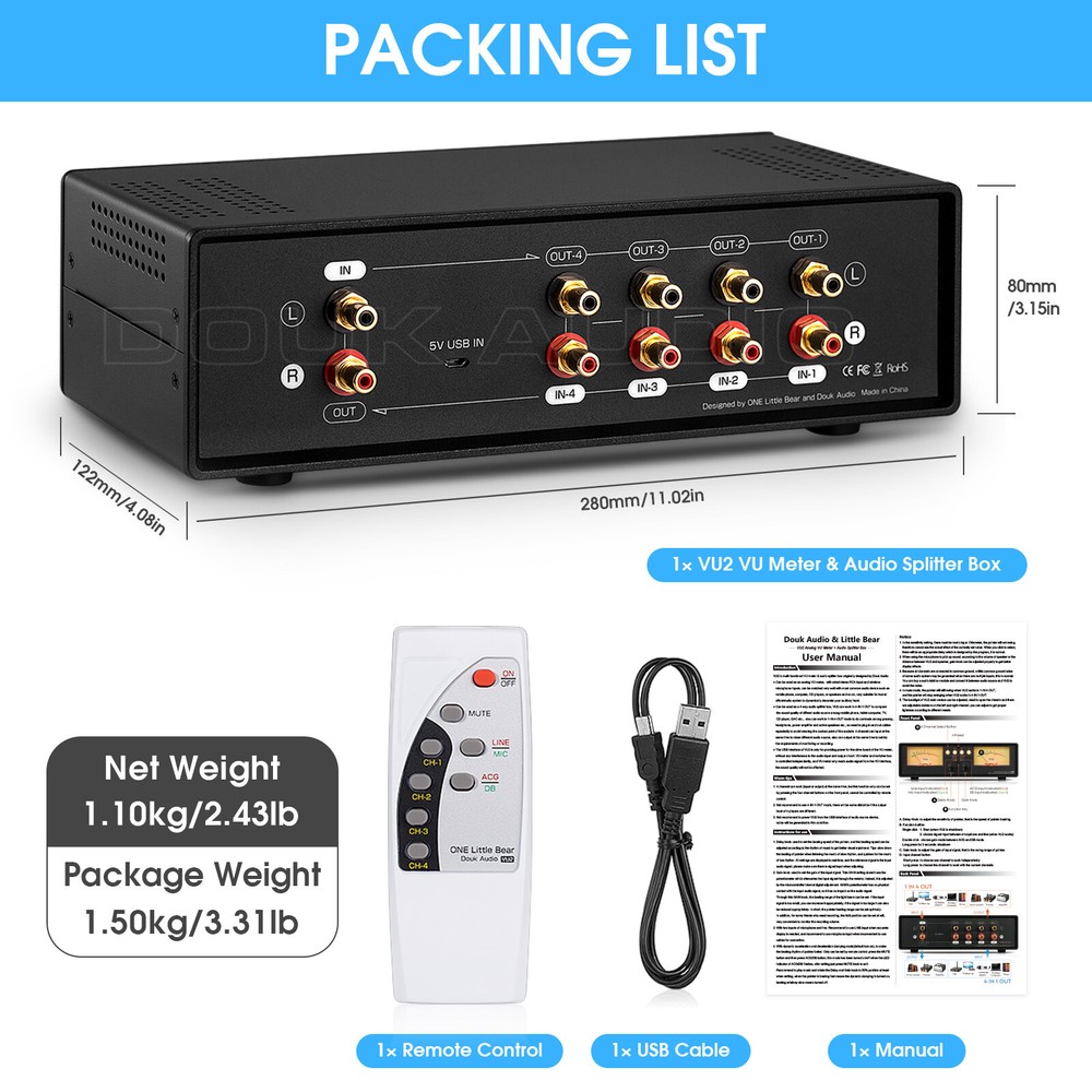4-Way Analog VU Meter DB Panel Audio Switcher Sound Level Indicator Splitter Box