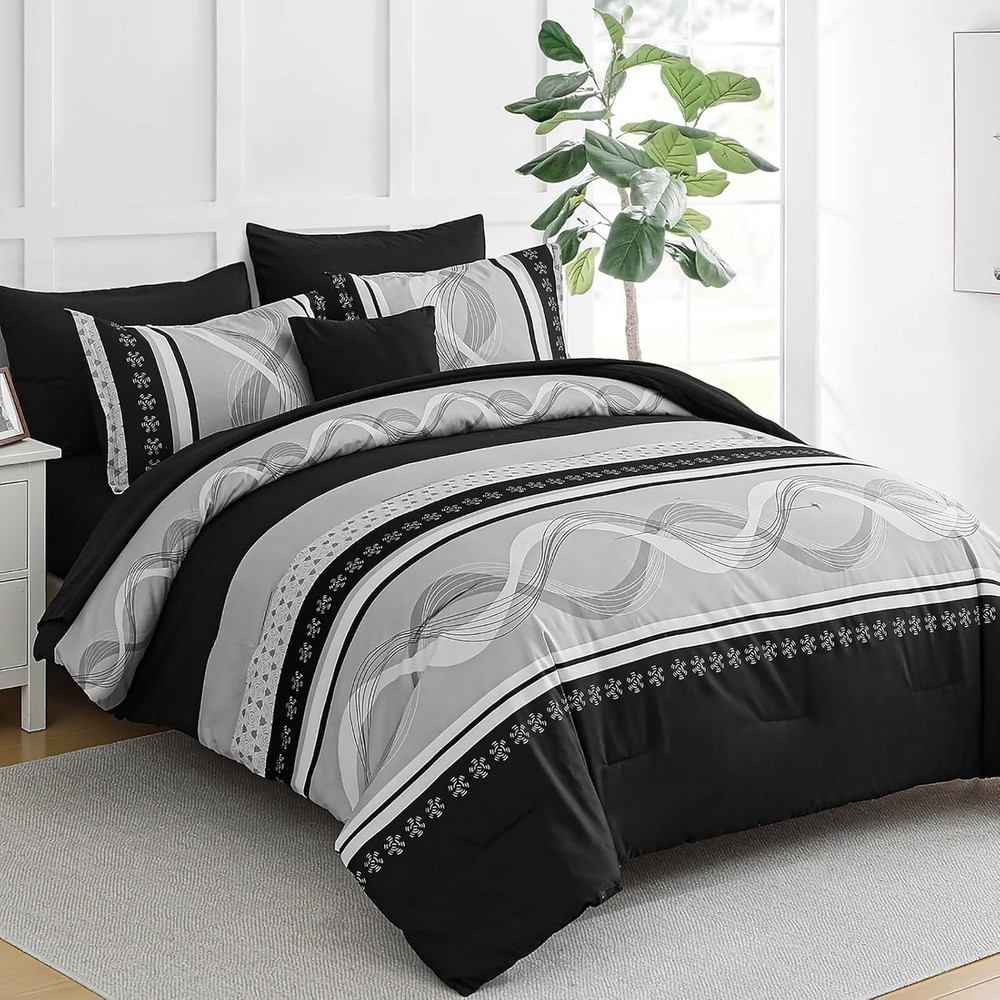 Queen King 8-Pc Boho Comforter Set - Patchwork Striped Microfiber Bed in a Bag