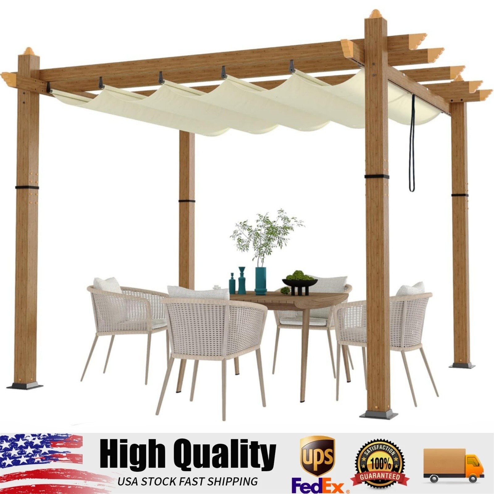 10 x 10 ft Wood-Grain Aluminum Pergola, Outdoor Pergola with Retractable Canopy