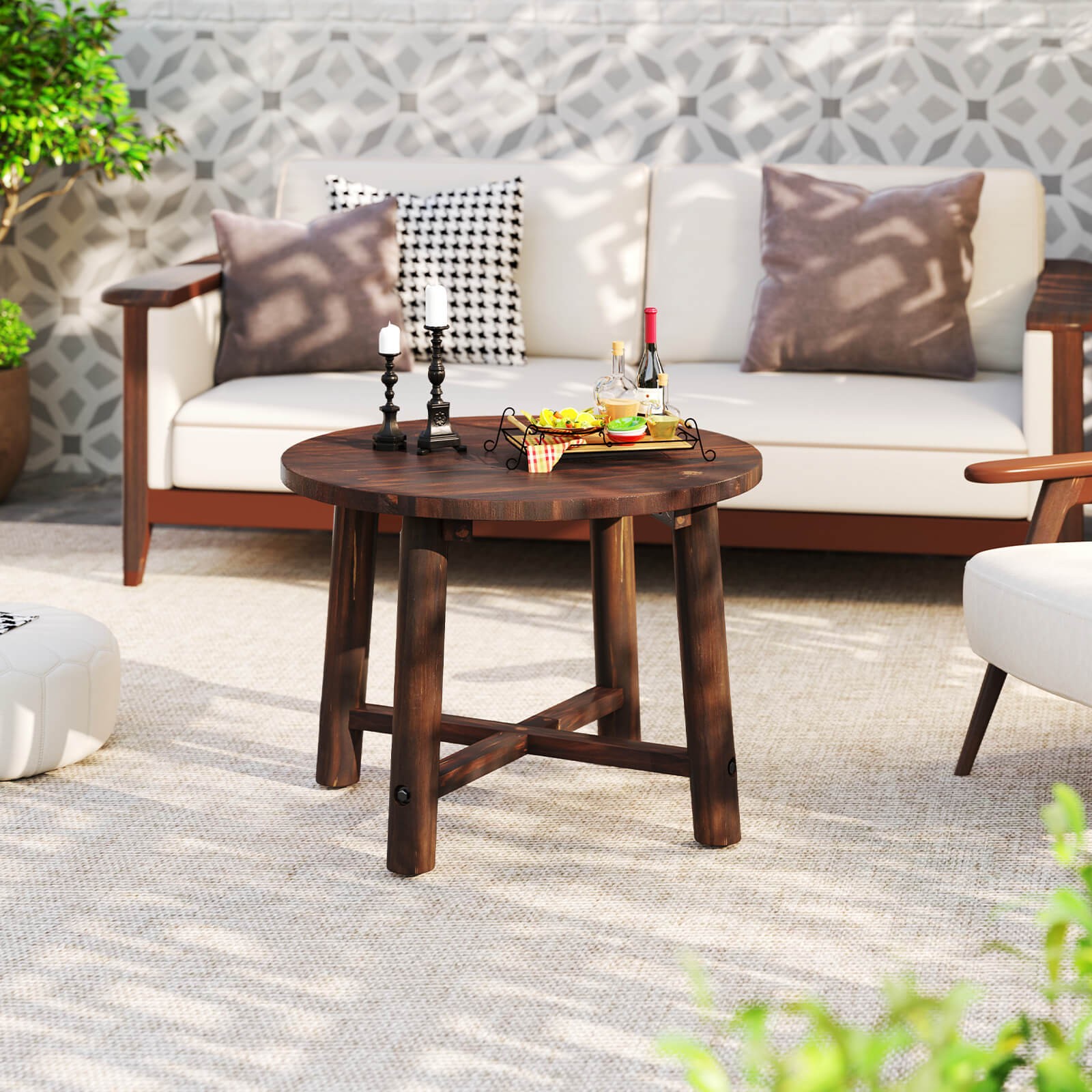 Outdoor Side Table w/ Solid Wood Structure Small Round Coffee Table for Garden
