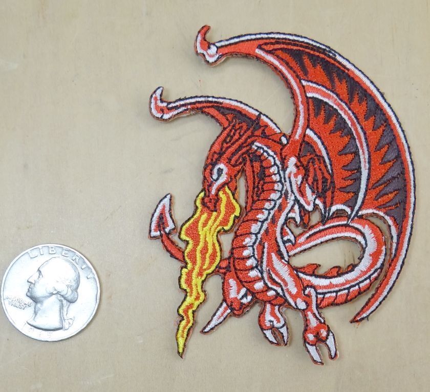 Red Fire Breathing Dragon Facing Left Iron On Patch 2 5/8"X 3 1/2"