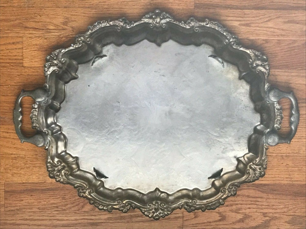 vintage large oval silverplate footed platter with handles 16X19
