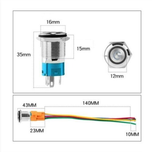 16mm 12V LED High Head Push Button Switch Latching/Momentary with Wire Socket