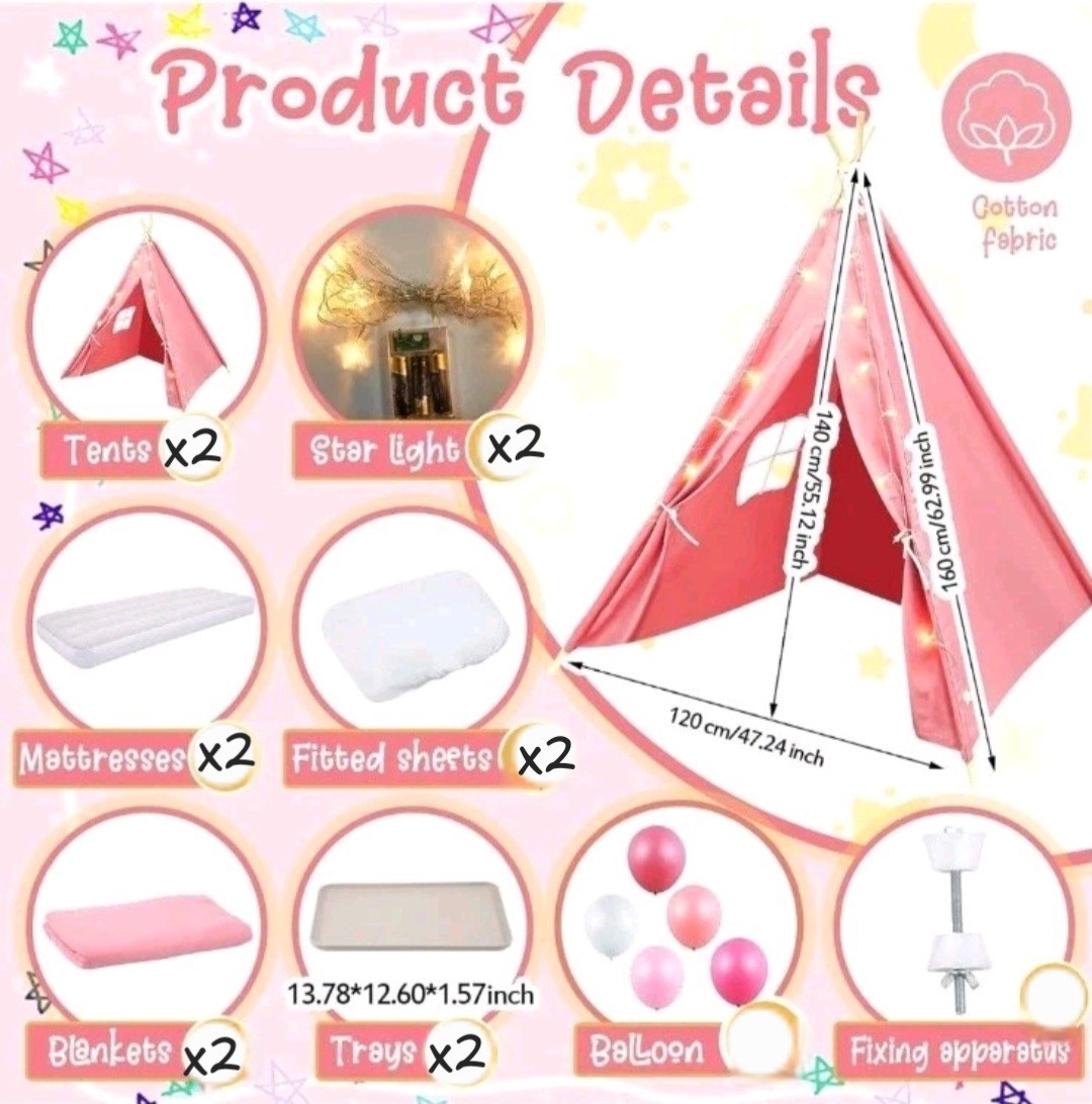 🏕️ ⭐ Windyun 2-Pack Kids Teepee Tent Sleepover Party Set – Pink