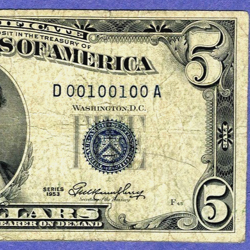 # 00100100 = Fancy TRUE BINARY RADAR serial Silver Certificate 1953 $5