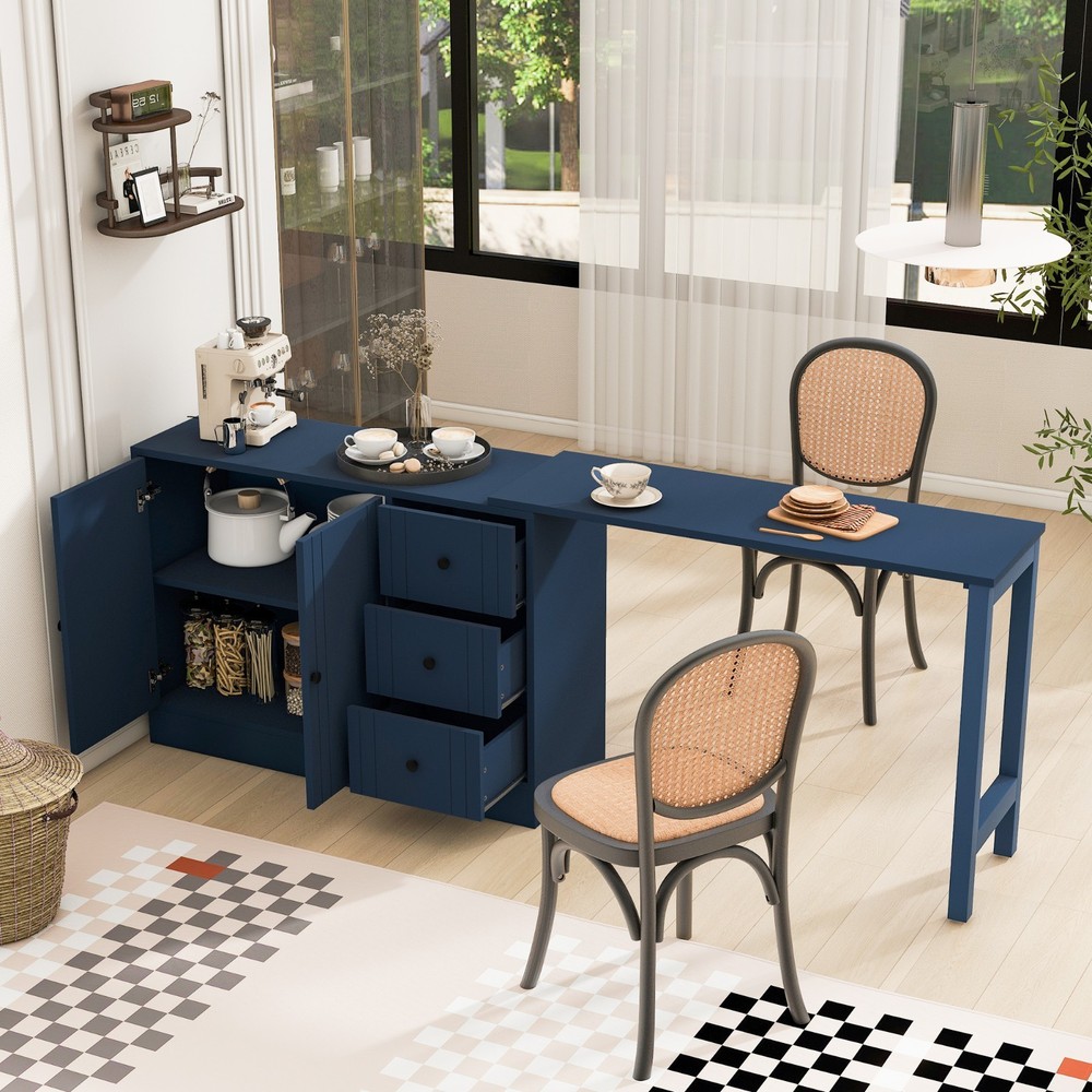 89.7'' Multifunctional Wooden Sideboard (Extendable Table, 2 Doors+3 Drawers)