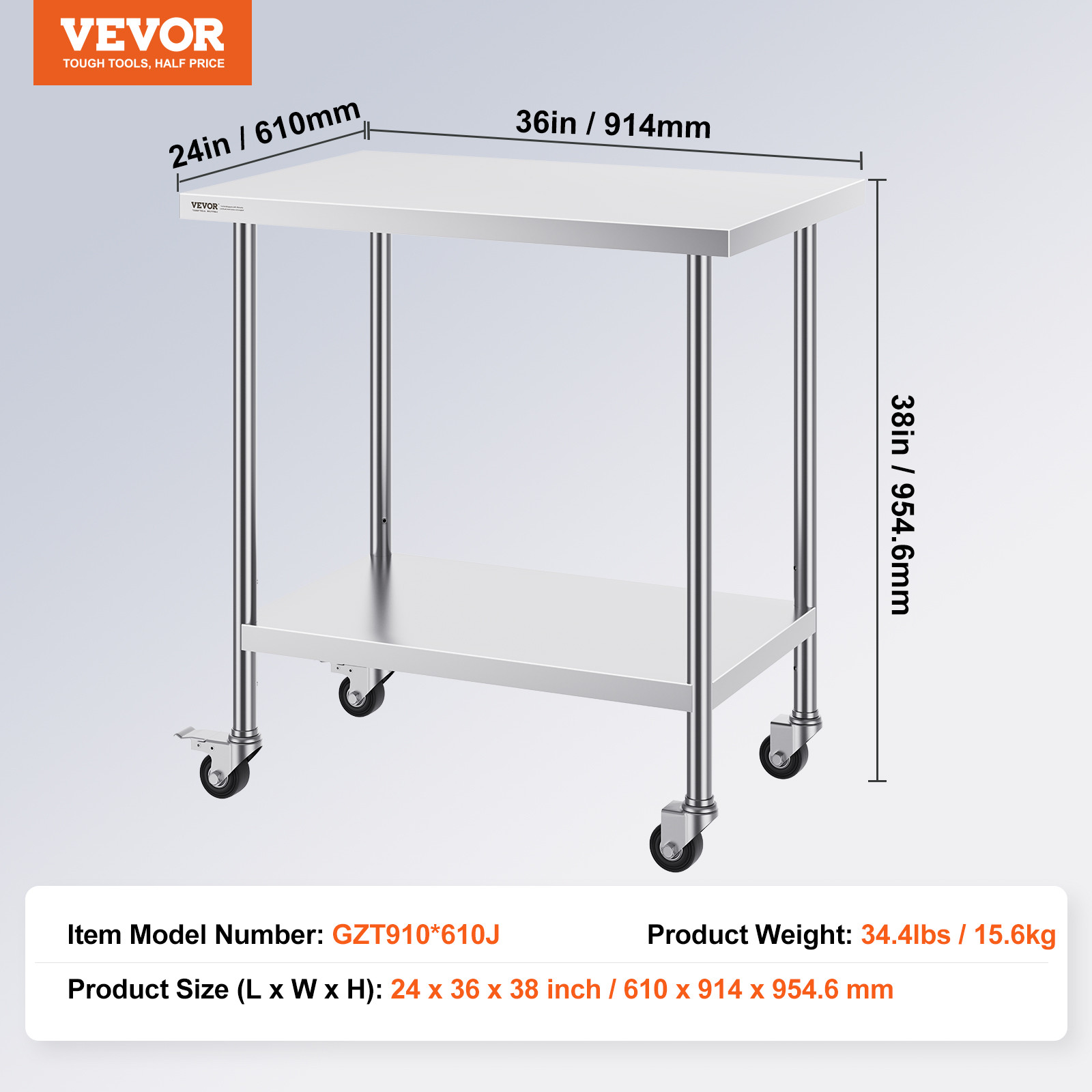 VEVOR Stainless Steel Work Table Commercial Prep Table 24x36 Inch With 4 Casters
