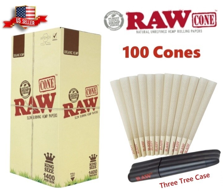 Authentic RAW Organic King Size Hemp Pre-Rolled Cones 100 Pack & Three Tree Case