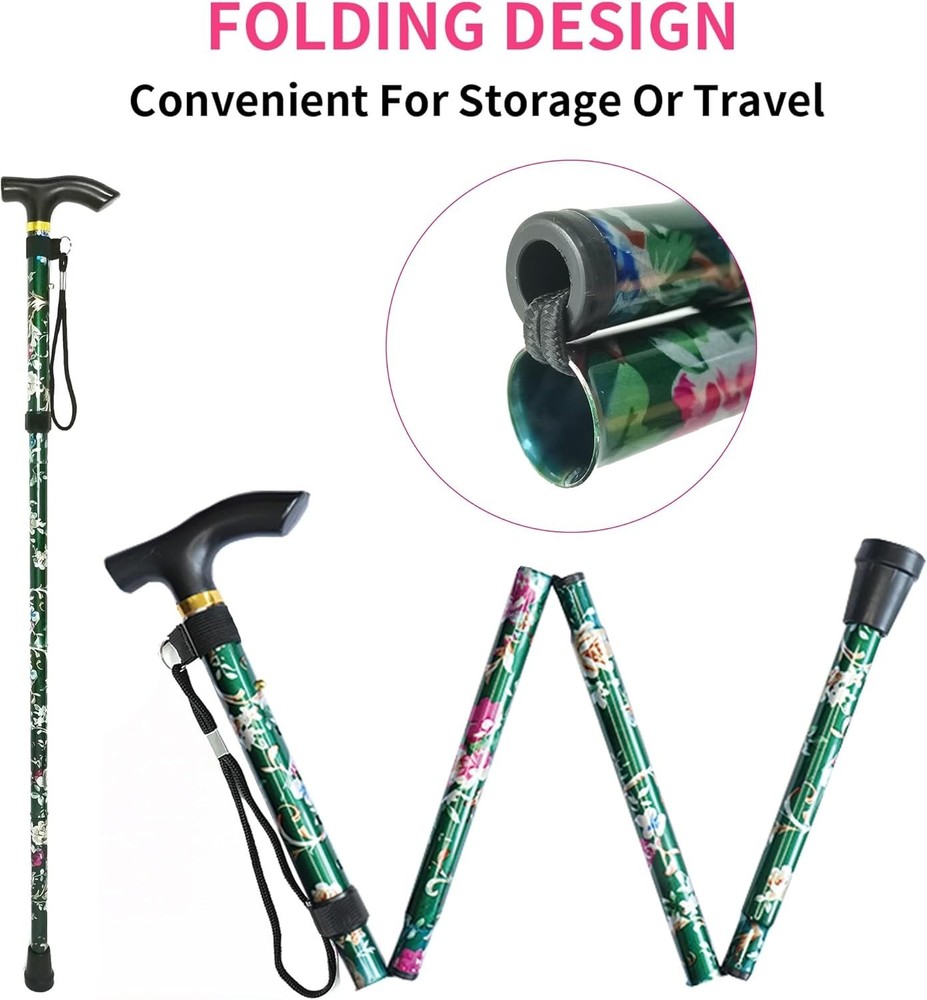 Compact Folding Cane with Ergonomic Grip - Lightweight 5-Level Adjustable Height