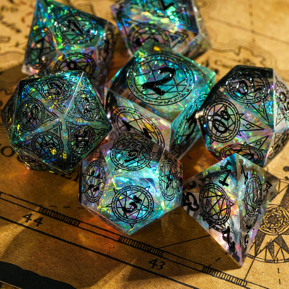 7-Die Sharp Edges DND Dice Set, Magic Circle Pattern Polyhedral D&D Dice Set for