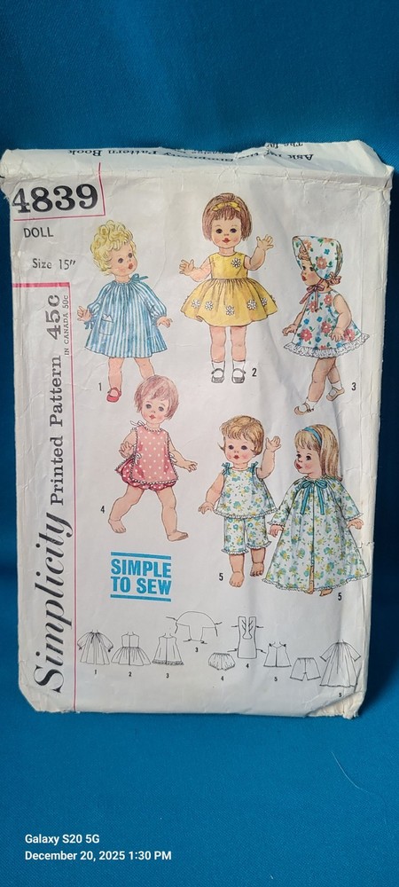 VINTAGE SIMPLICITY 15" DOLL CLOTHES PATTERN #4839-1960'S-USED