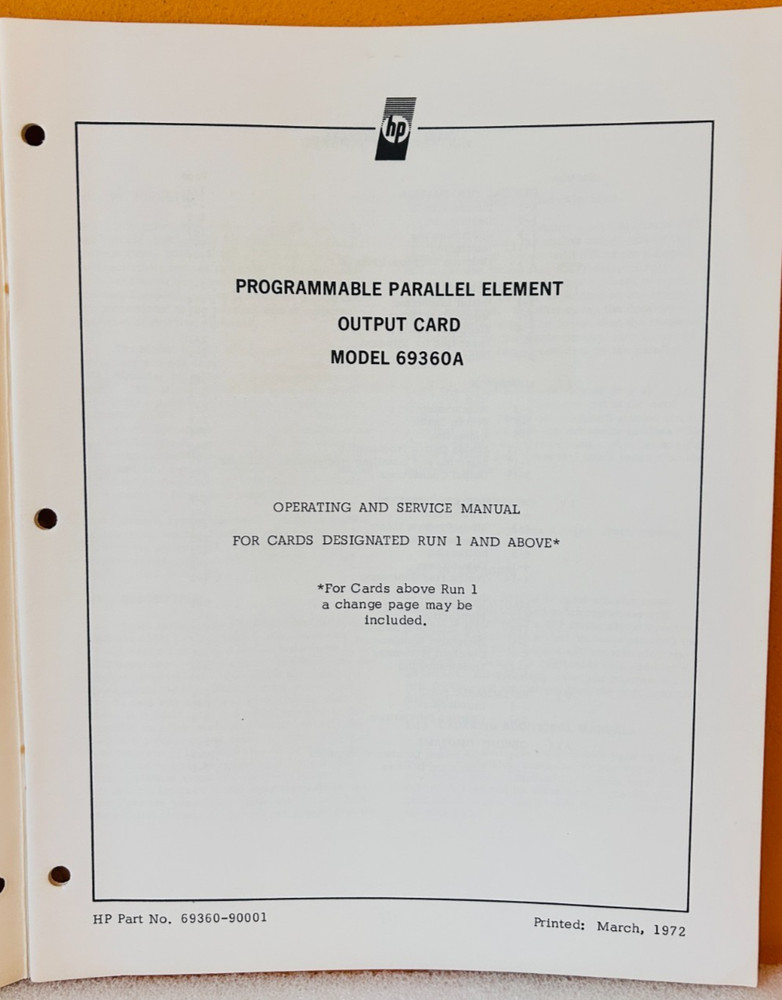 HP 69360-90001 Model 69360A Programmable Parallel Element Output Card Manual.