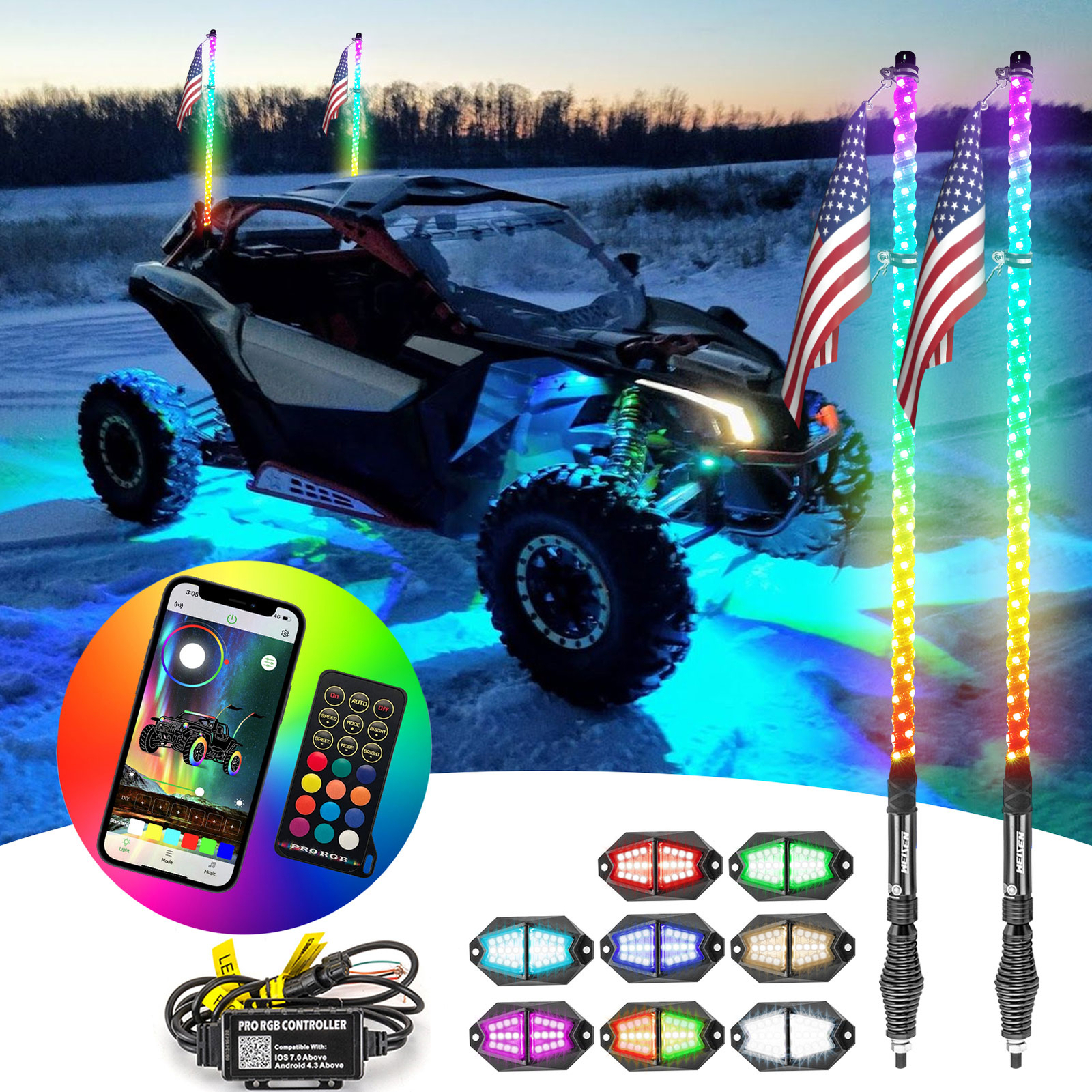 Pair 4FT Spiral RGB LED Lighted Whip Lights + 8 Pods Rock Light For ATV UTV RZR