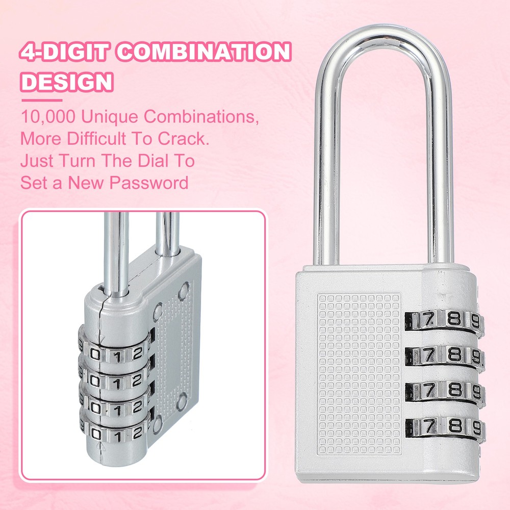 1 Pack Combination Locks Long Shackle 4 Digit Combination Padlock Silver