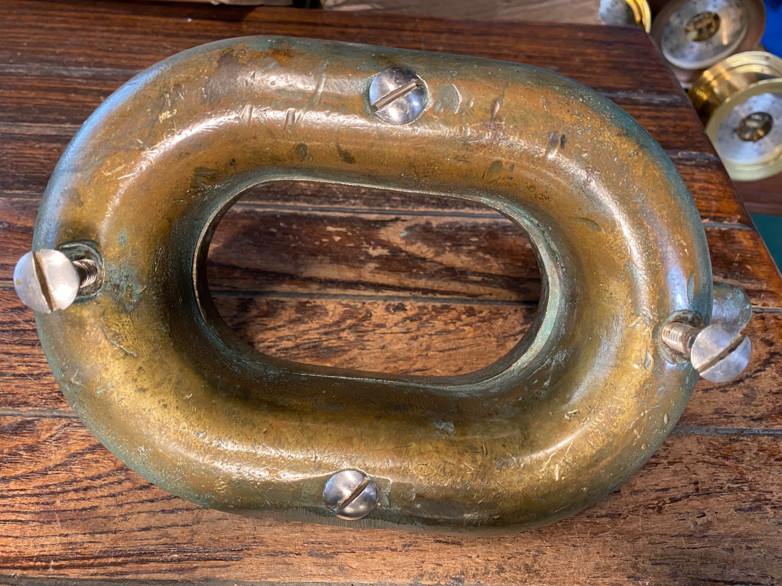 PAIR OF LARGE VINTAGE CAST BRONZE COMBINATION CLEAT/HAWSE HOLES 13" NICE PATINA!