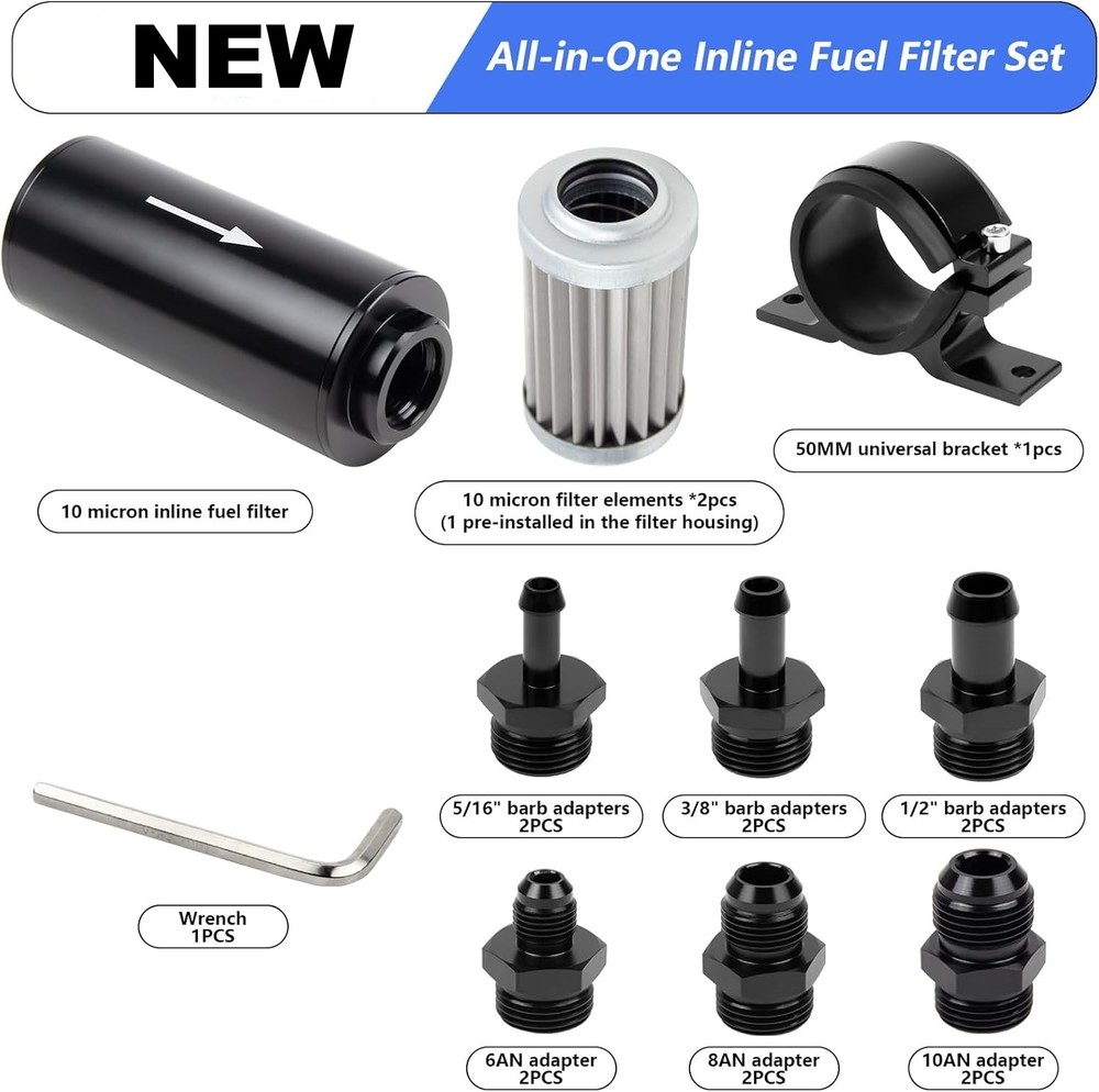 10 Micron Inline Fuel Filter with 6AN 8AN 10AN Fitting Adapter+ Filter Element