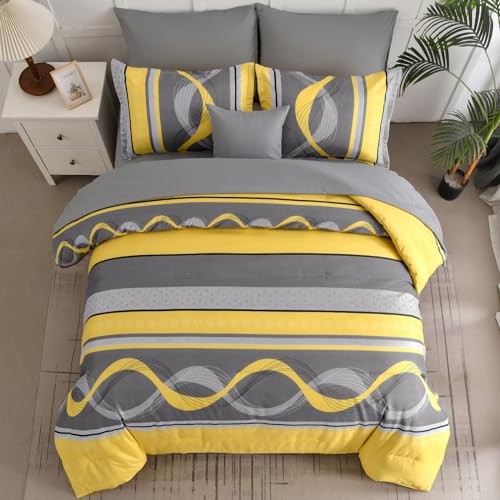 Comforter Set Size,8 Pieces Bed in a Bag Patchwork Striped Queen Yellow