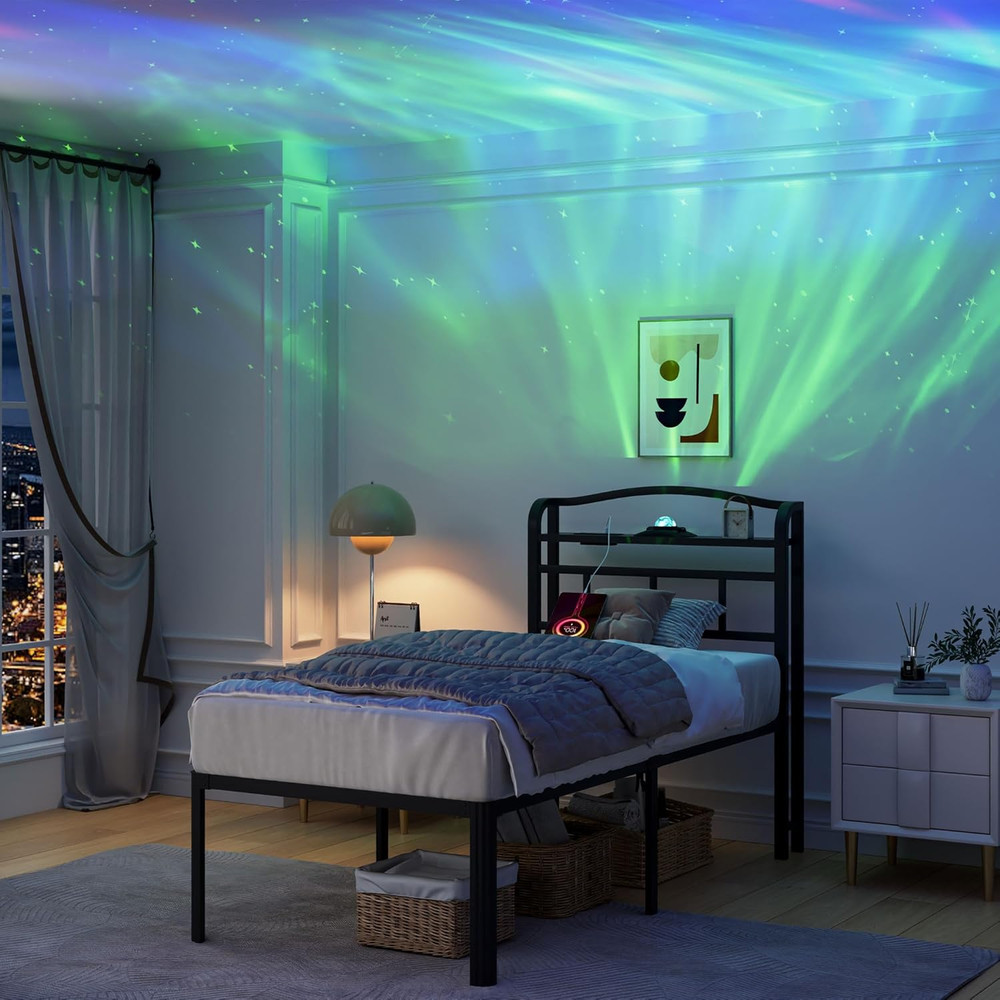 Twin Bed Frame w/ Headboard, 18" Bedframe w/ Galaxy Aurora Projector & Charging