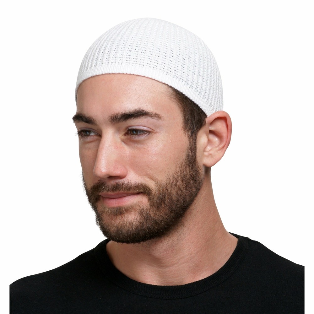 Solid Colored Elastic Skull Cap Kufi Hats with Ribbed Checkered Knit