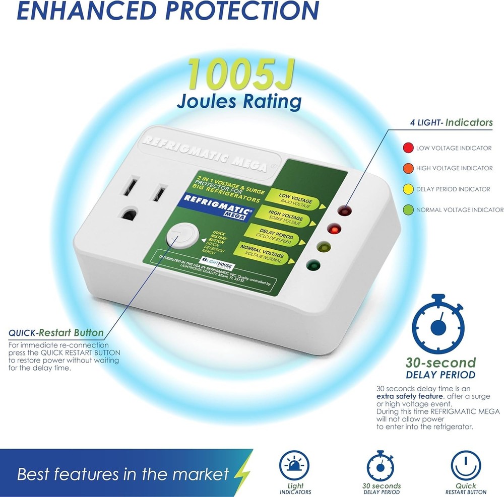 MEGA, 2 in 1 Electronic Voltage & Surge Protector for Two Door Refrigerators