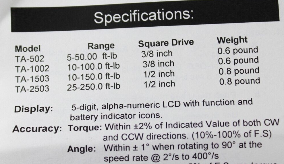 Digitool Solutions TA-1002 3/8" Dr. Portable Torque & Angle Meter 10-100 ft-lb