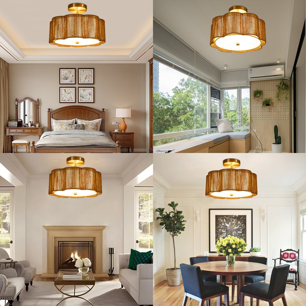 Rustic Ceiling Mount Rattan Light Ceiling Lamp Flush Mount Chandelier Fixture