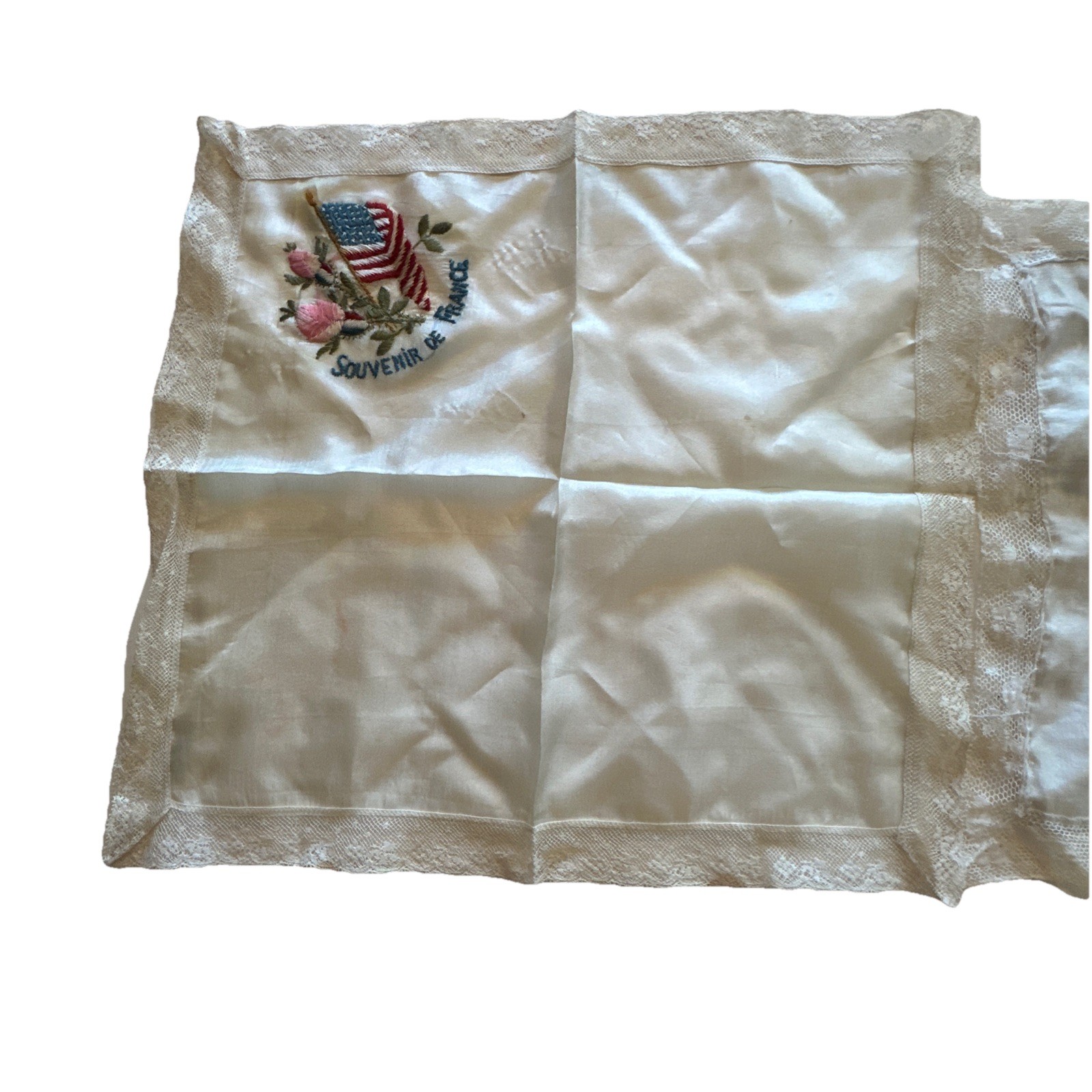 WWI Souvenir De France Embroidered Silk Handkerchief Lot of 2 1914-1919 As
